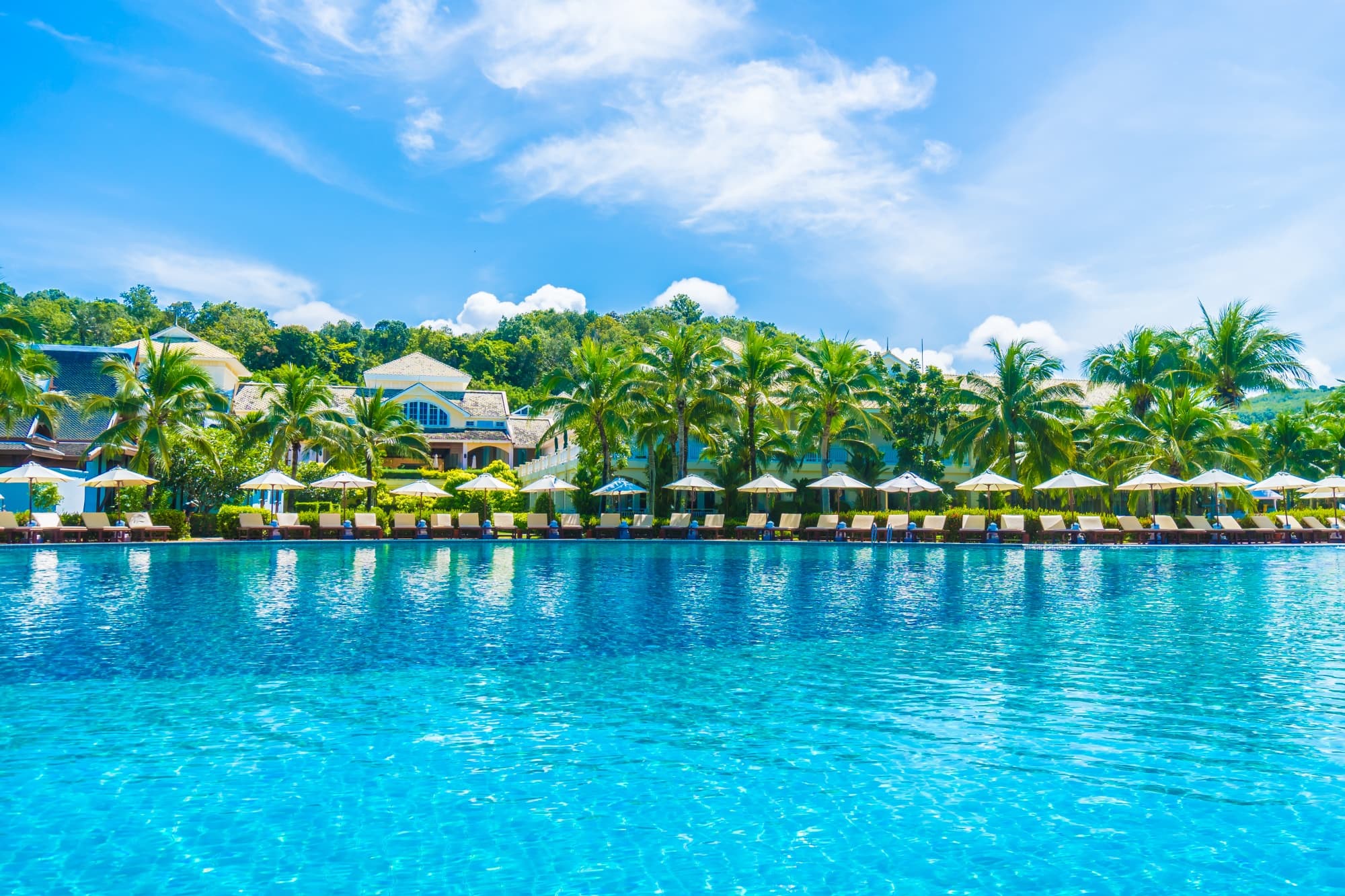 Turquoise resort pool lined with loungers and palm trees - Tropical Escapes