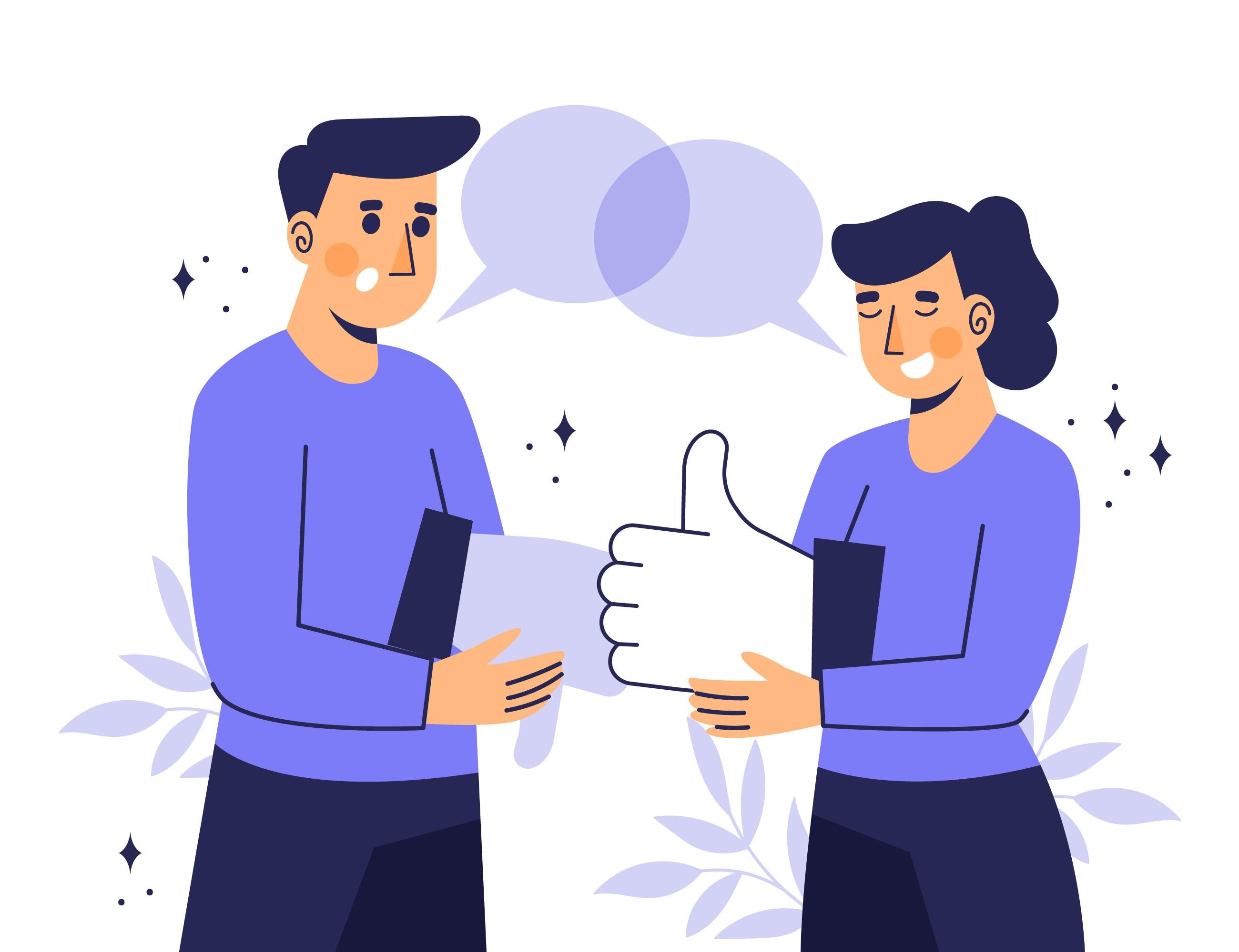 Two people exchanging a thumbs-up with speech bubbles between them